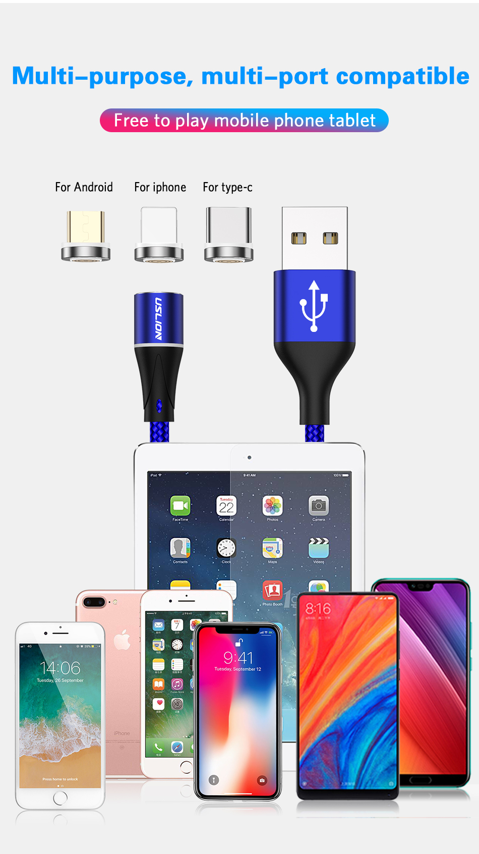 USLION 3A LED 360 Degree Rotate QC3.0 Magnetic Fast Charging Type-C Micro USB Data Cable 1M for Samsung S10+ S9 9T Note8 HUAWEI P30Pro