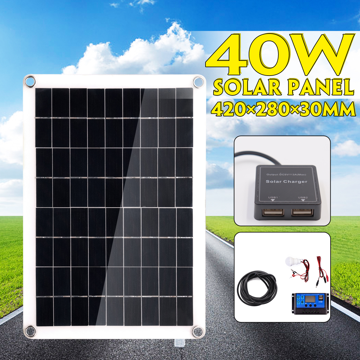 40W Solar Panel +3W Lamp +10A Solar Controller +1m Extension Cord Set for Camping Home Working