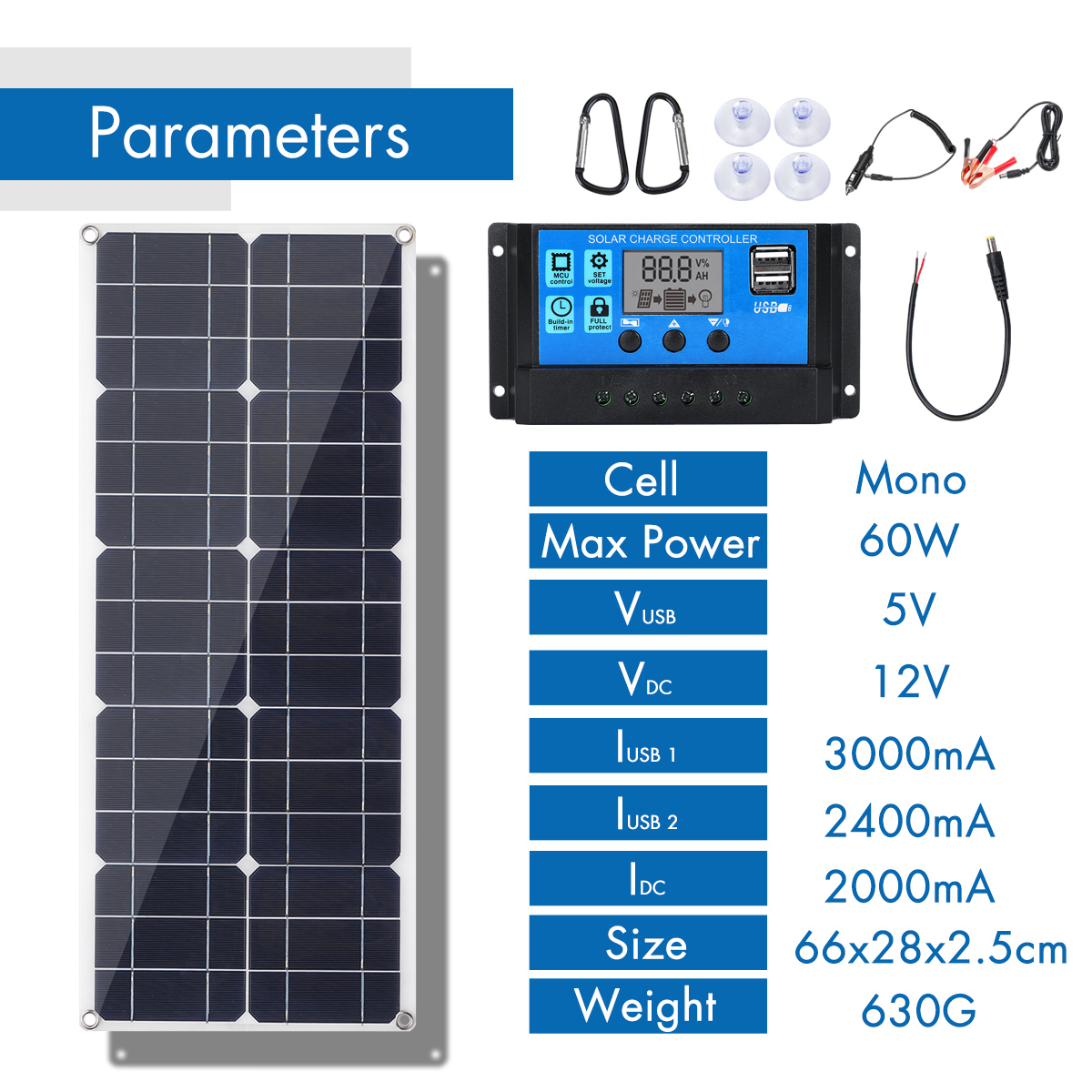 30W 18V MonocrystalineSolar Panel Dual 12V/5V DC USB Charger Kit with 10A Solar Controller & Cables