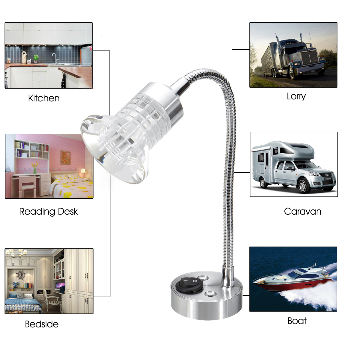 12V Flexible LED Reading Spot Light Bedside Wall Lamp For RV Boat Caravan Motorhome