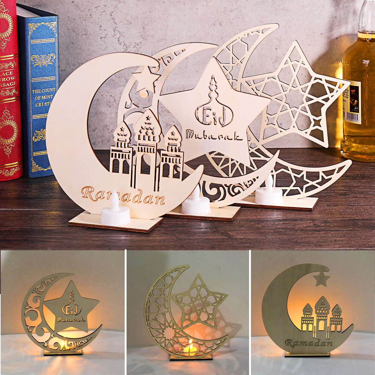 3 Types Eid Mubarak Moon Decoration Wooden Islam Mosque Plaque Pendant Ramadan Decorations