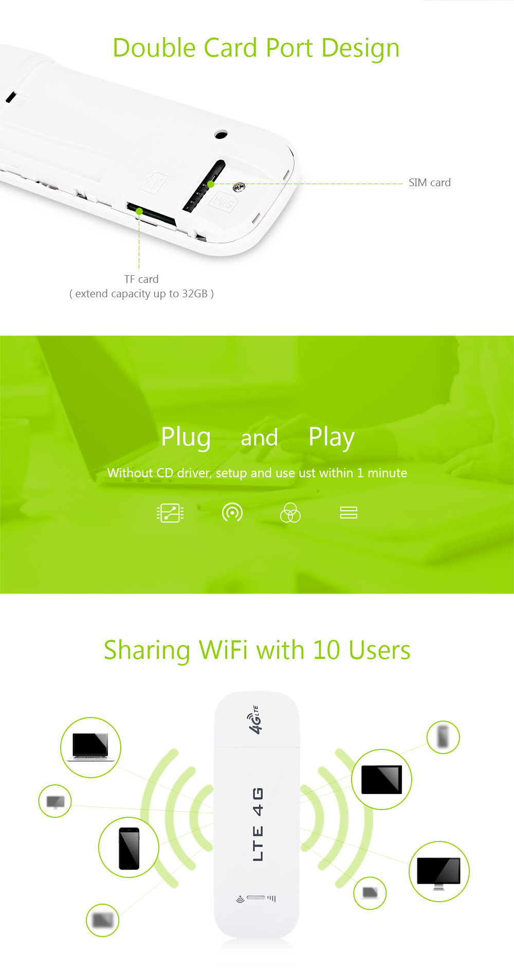 3G/4G Wifi Wireless Router LTE 100M SIM Card USB Modem Dongle White Fast Speed WiFi Connection  Device