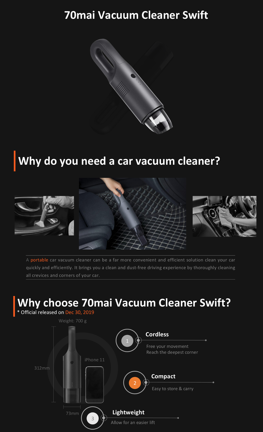 70mai Portable Wireless Car Vacuum Cleaner Handheld Electric Suction Mini Auto Car Interior Dust Collector