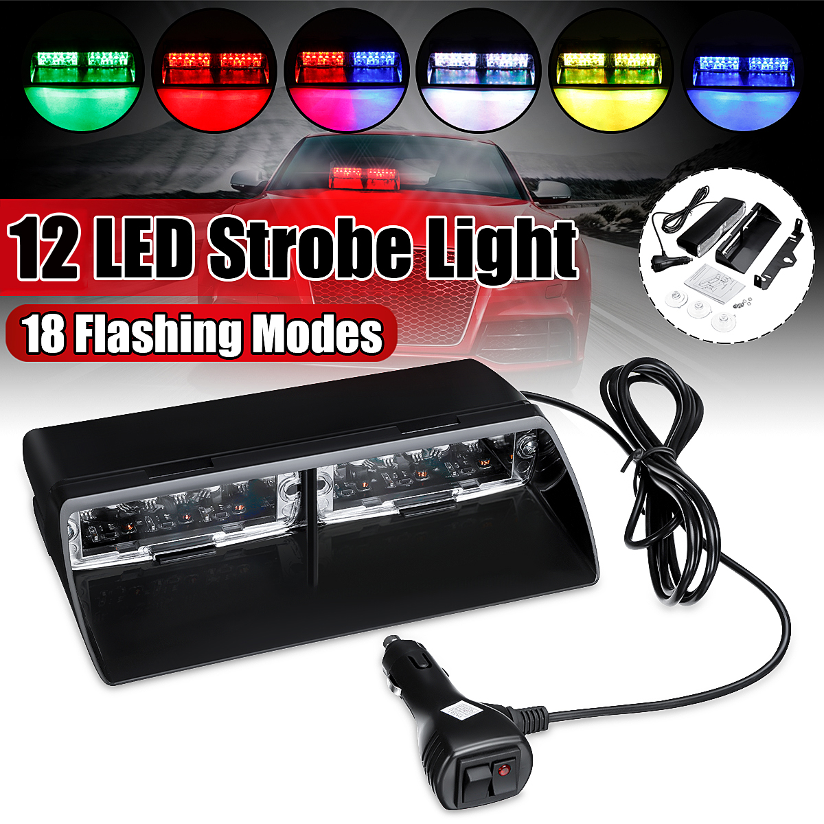 12LED RGB 12V 36W Car Auto Windshield Dashboard Emergency Warning Lamp Flashing Strobe Light 6 Colors Convert