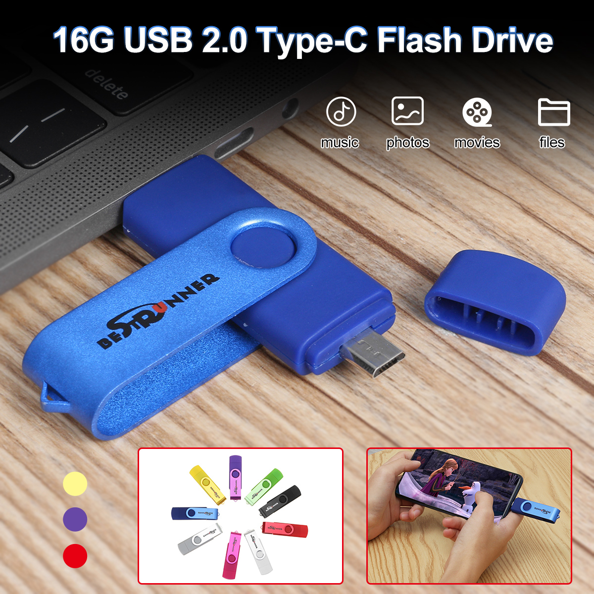 Bestrunner 2 In 1 Type-C USB 2.0 16GB OTG Flash Drive U Disk 360 Degree Rotation for Type-C Smart Phone Tablet Laptop