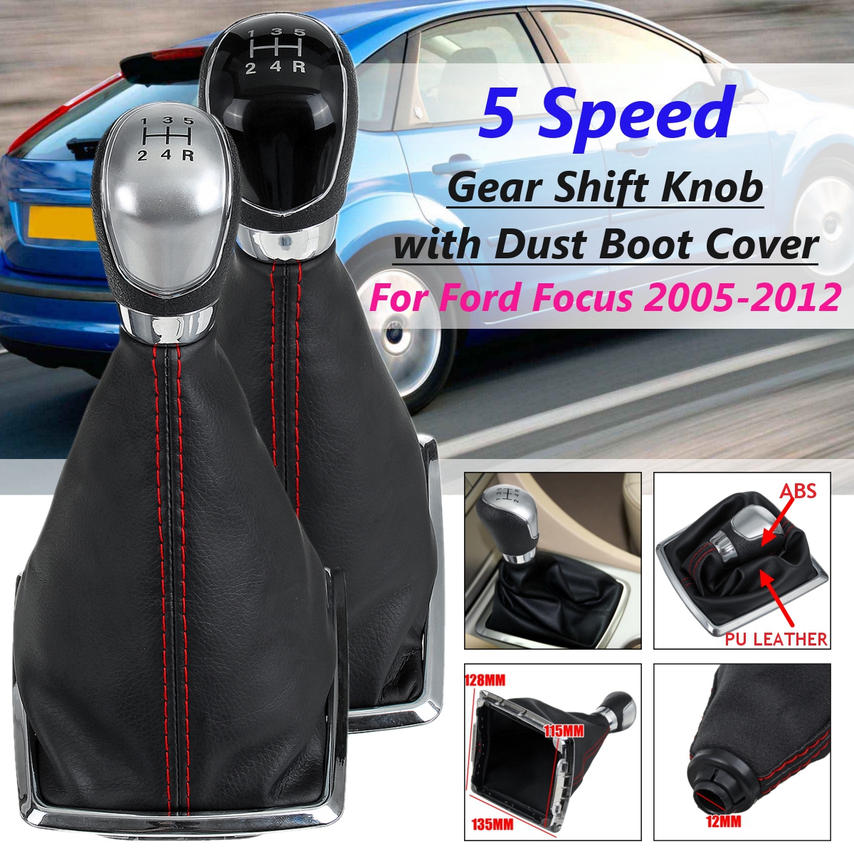 5 Speed MT Gear Stick Shift Knob with Leather Dust Boot Cover For Ford Focus MK2 2005-2012