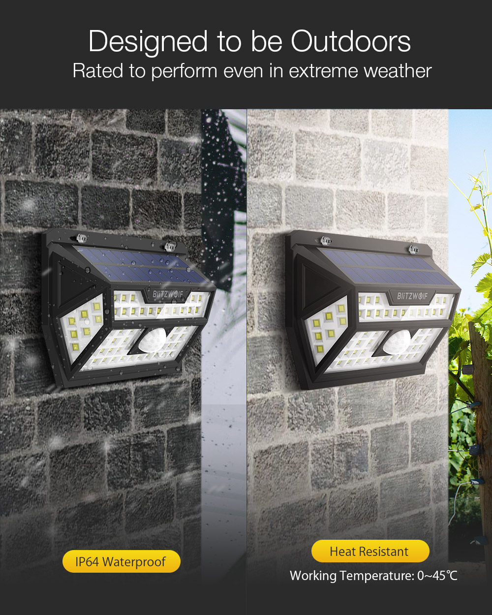 Blitzwolf® BW-OLT1 Solar Power 62 LED PIR Motion Sensor Wall Light Wide Angle Waterproof for Outdoor Garden Path Yard Security Lamp
