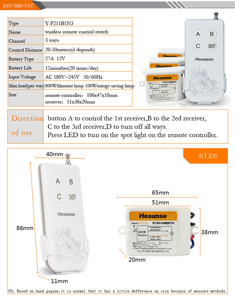 Y-F211B 3104W 1N3 220V 433mhz 3 Ways Wireless Remote Control Light Switch With 3 Receivers for LED Lamp 