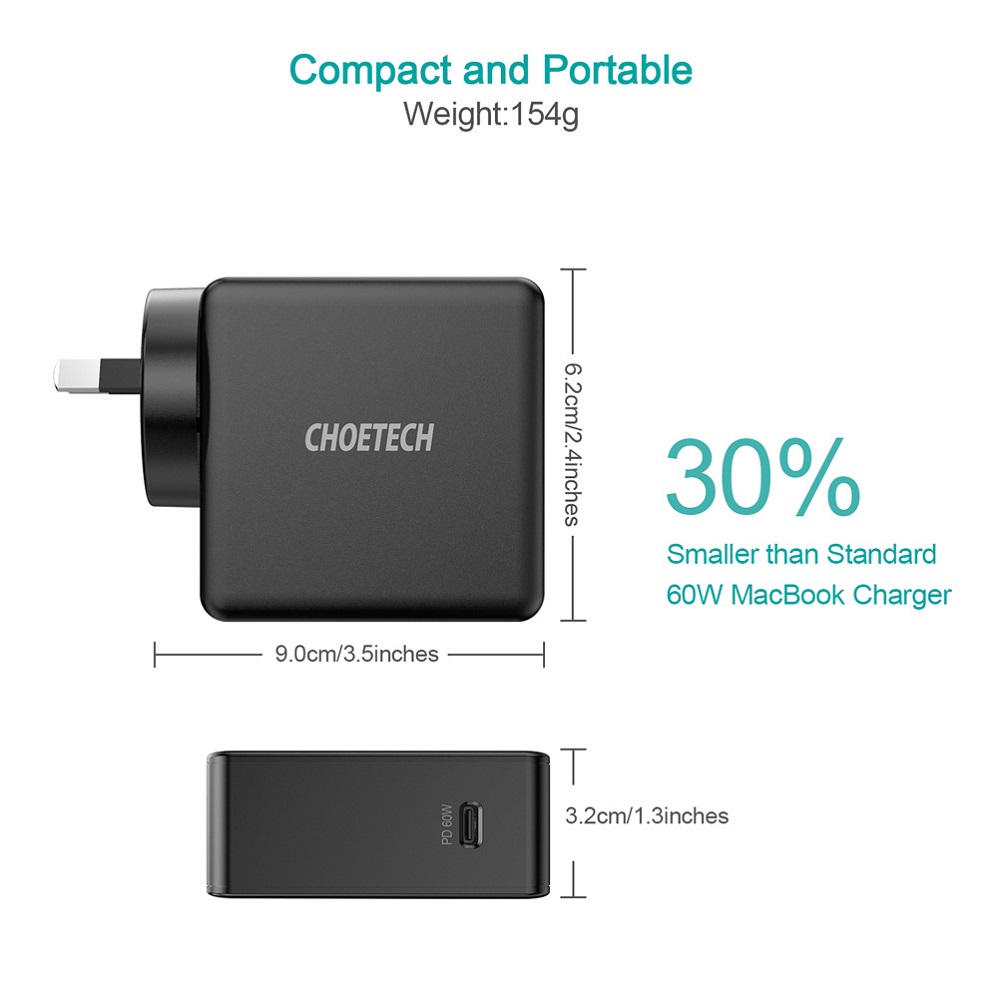 CHOETECH PD 60W Type C Quick Charge Wall Charger Power Adapter for Smartphone Tablet Laptop