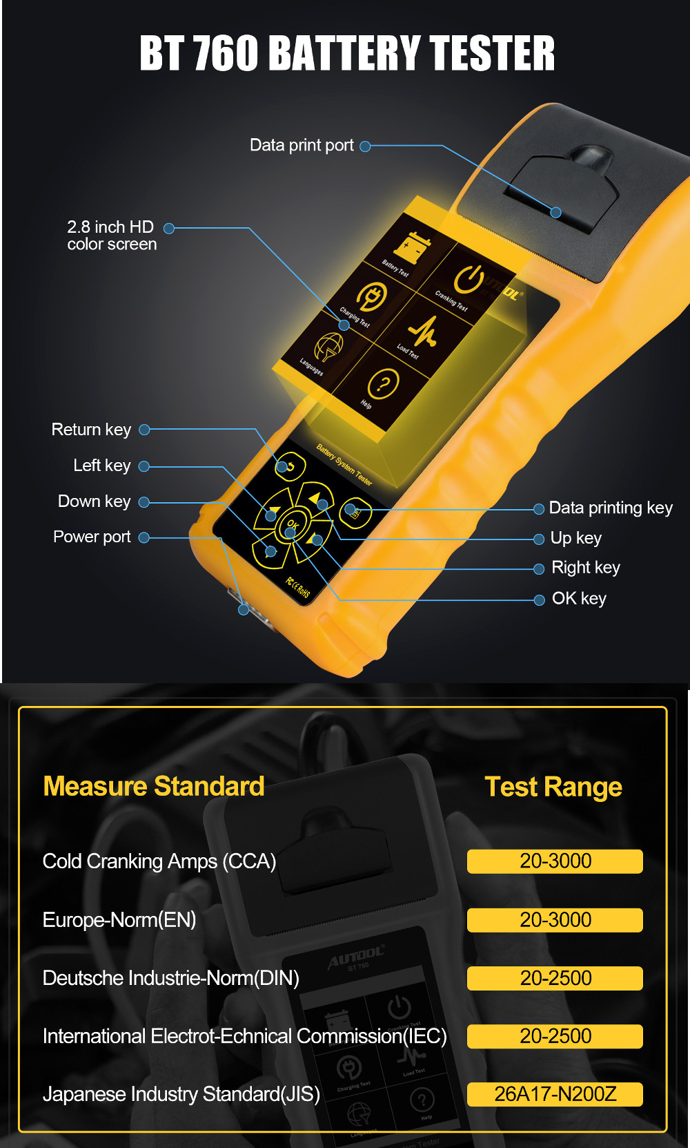 Autool BT760 Car Battery Tester Capacity Internal Resistance Analyzer 12V Support One-click Data Printing For Auto Trucks
