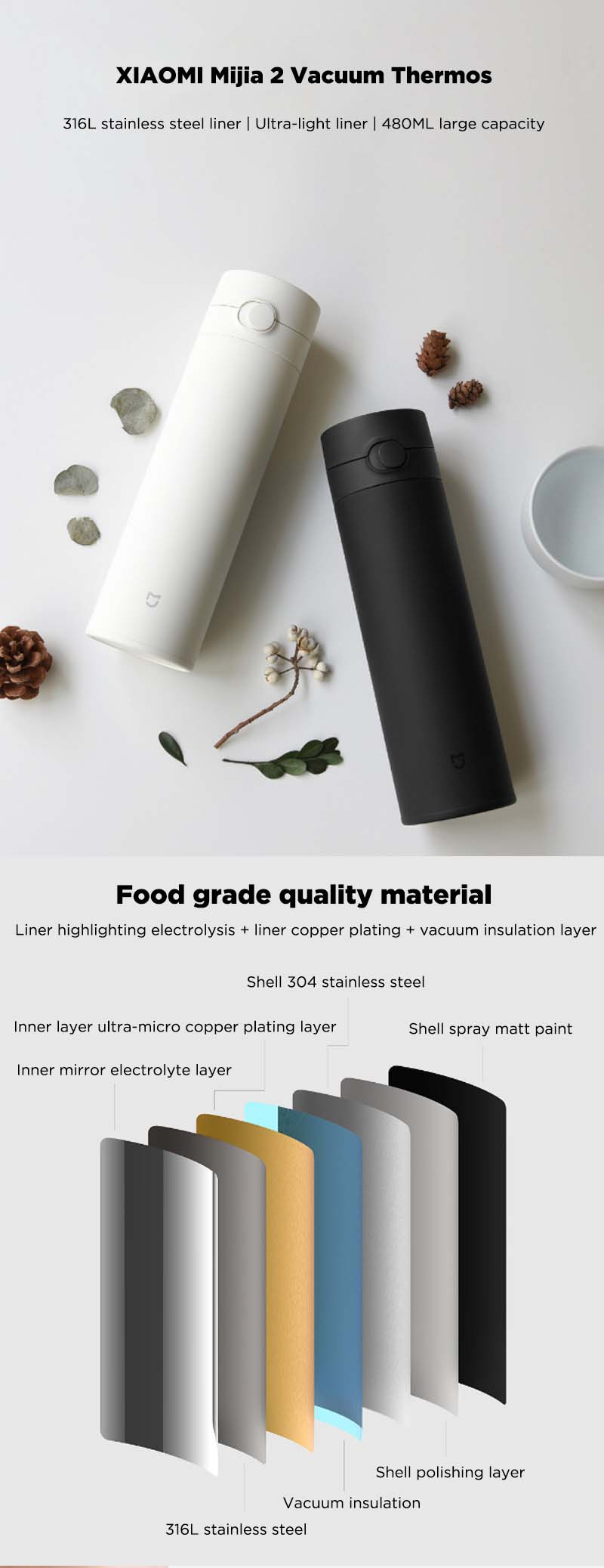 XIAOMI Mijia 480ML Vacuum Thermos Bottle Women Men Long Lasting Insulation Stainless Steel Water Bottles with Tea Strainer
