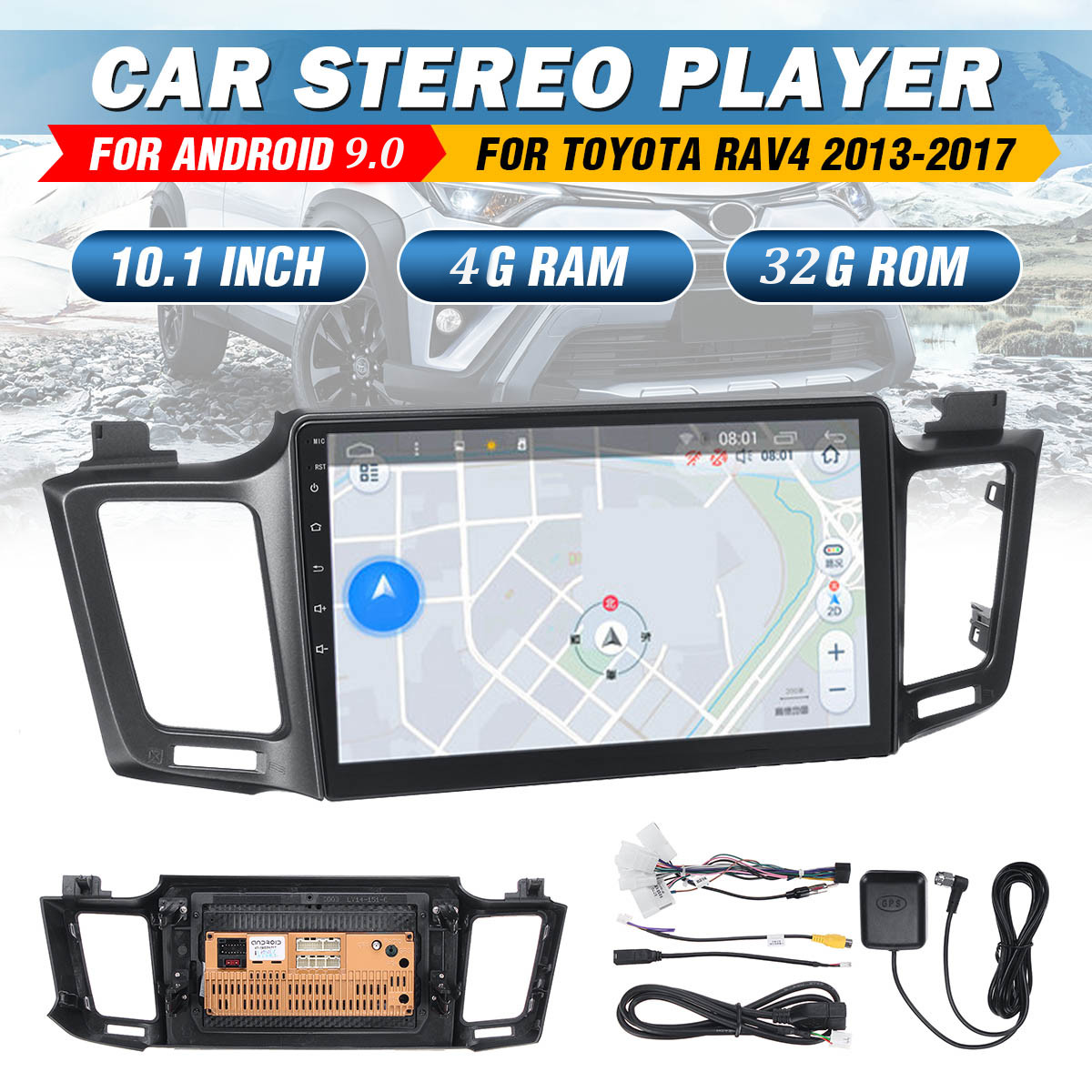 YUEHOO 10.1 Inch 2 DIN for Android 9.0 Car Stereo 4+32G Quad Core MP5 Player GPS WIFI 4G FM AM RDS Radio for Toyota RAV4 2013-2017