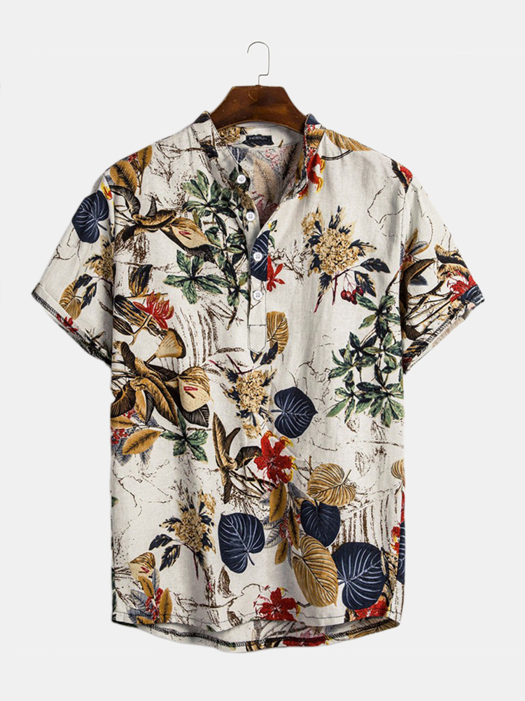 Mens Cottonn Tropical Leaves Prinnt Short Sleeve Oriental Henley Shirts