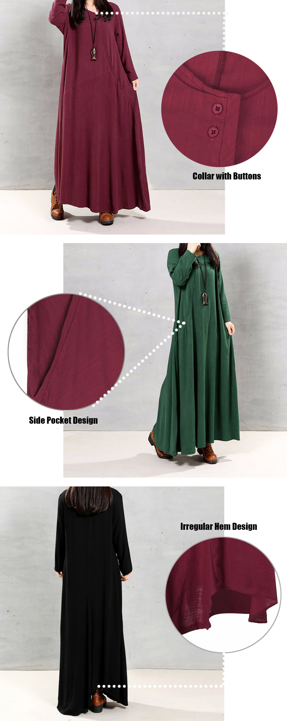 Vintage Women Cotton O-Neck Solid Color Irregular Hem Maxi Dress