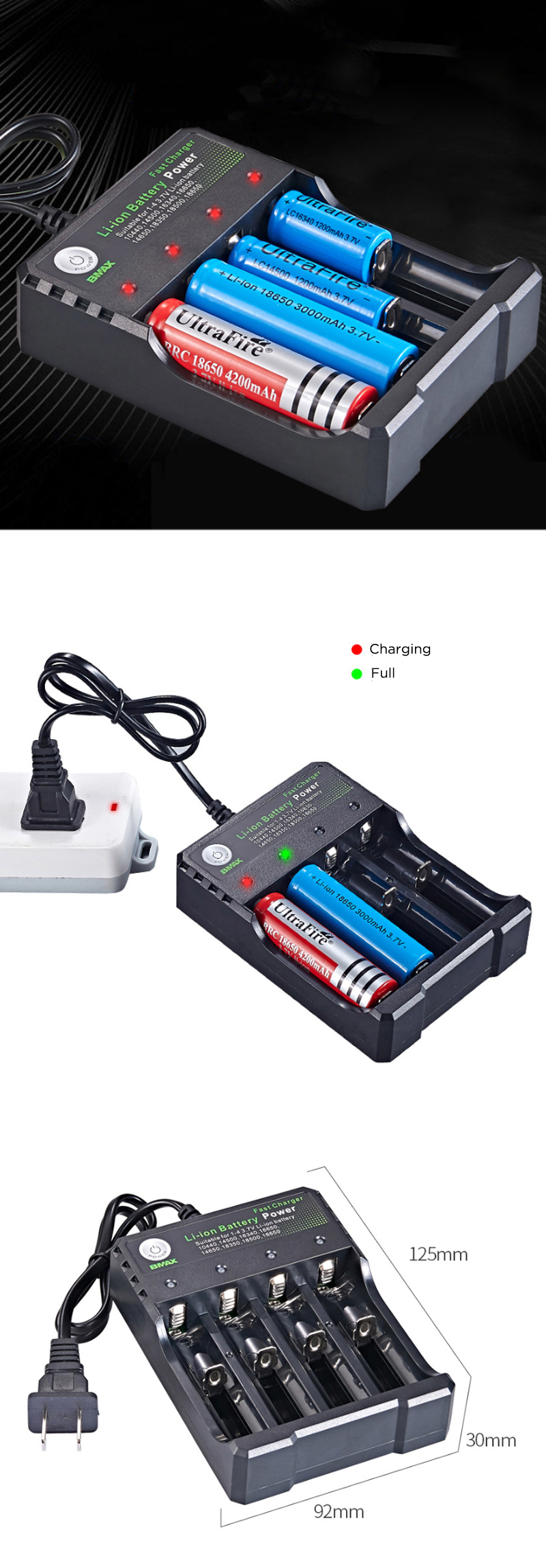 BMAX 4 Slot 18650/14500/16650/16340 Li-ion Battery Charger EU Plug AC Plug Portable Charger