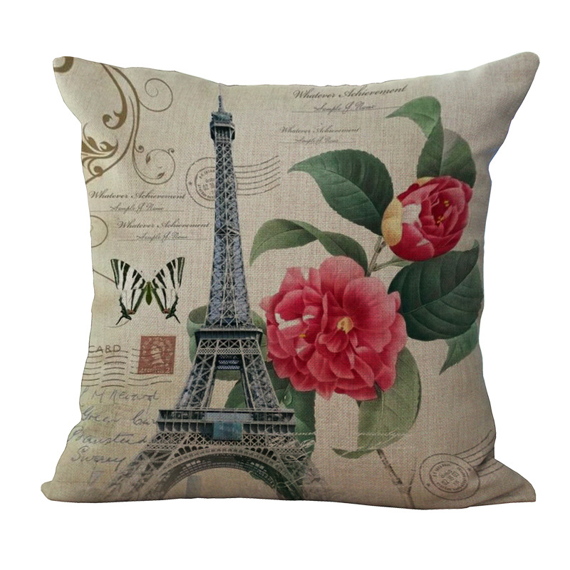 Paris Eiffel Tower Printed Pillow Case Linen Sofa Soft Cushion Cover