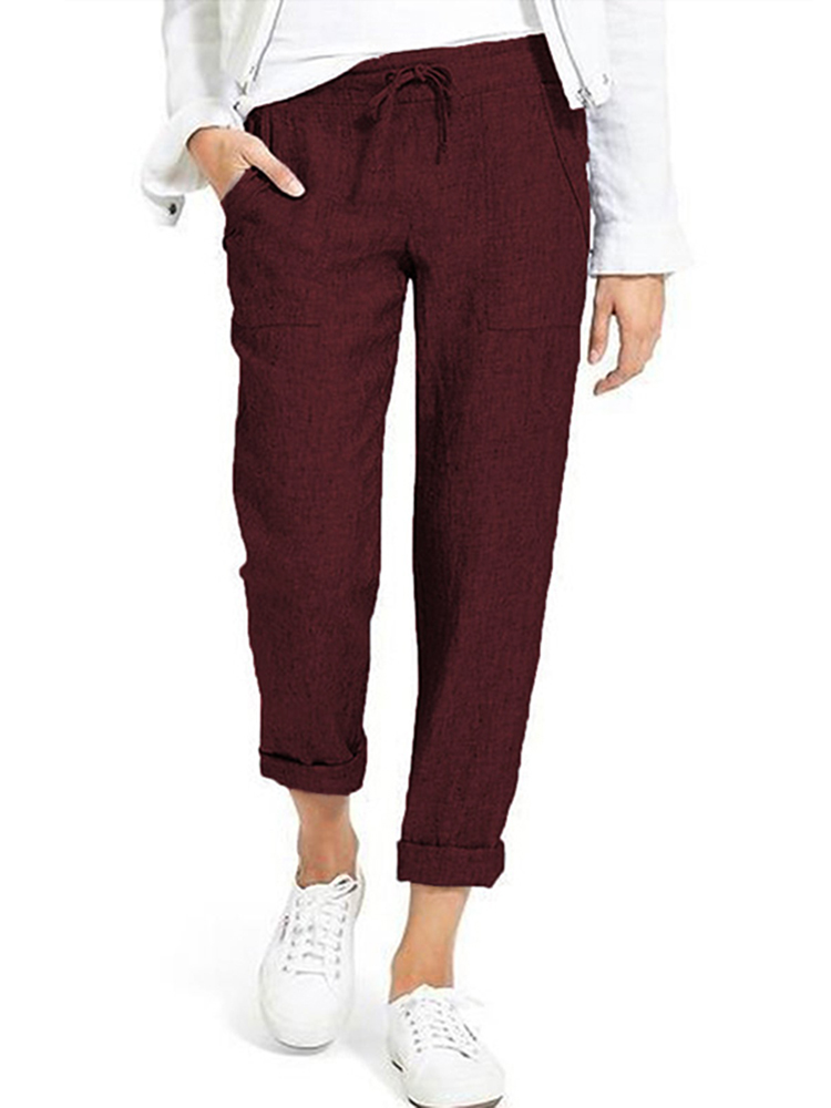 Women Casual Solid Color Elastic Waist Side Pockets Trouser Pants