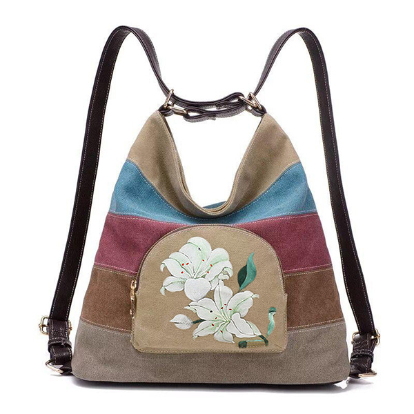 

Brenice Women National Lotus Multifunctional Canvas Shoulder Crossbody Bag Striped Backpack