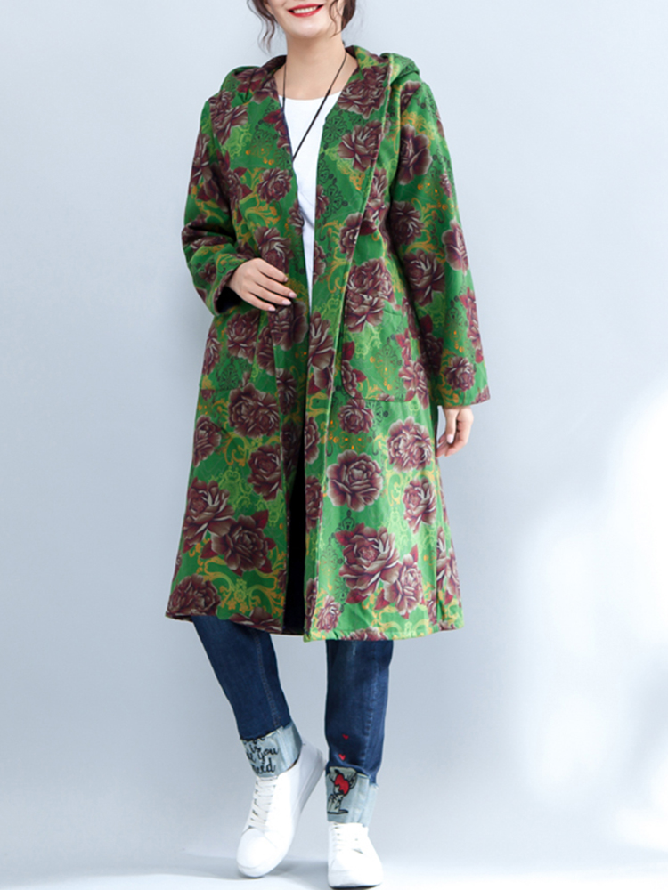

Этнические Женское с капюшоном цветочные печатных длинными рукавами толстые длинные пальто