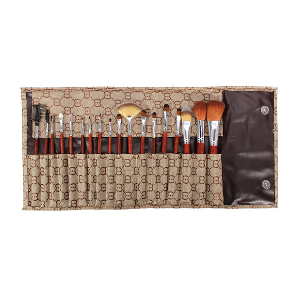 18Pcs Cosmetic Nylon Hair Makeup Brush Set + Coffee Roll Up PU Bag  