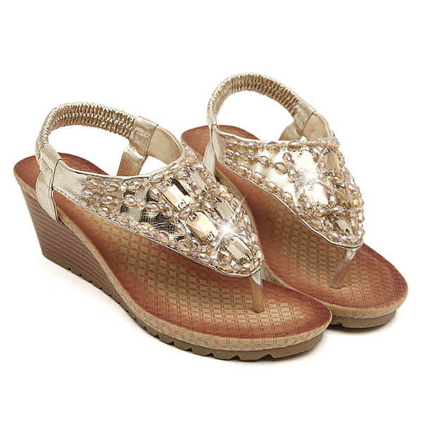 Bohemian Wedge Heel Beaded Rhinestone Flip-flop Sandals - US$28.69 sold out