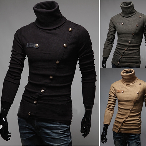 Winter Warm Men's Pullover Knitwear High Collar Buttons Sweater at ...