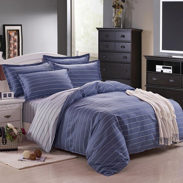 3 Or 4pcs Dark Blue Pure Cotton Taffeta Stripe Printed Bedding Sets