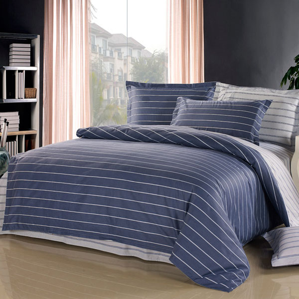 3 Or 4pcs Dark Blue Pure Cotton Taffeta Stripe Printed Bedding Sets