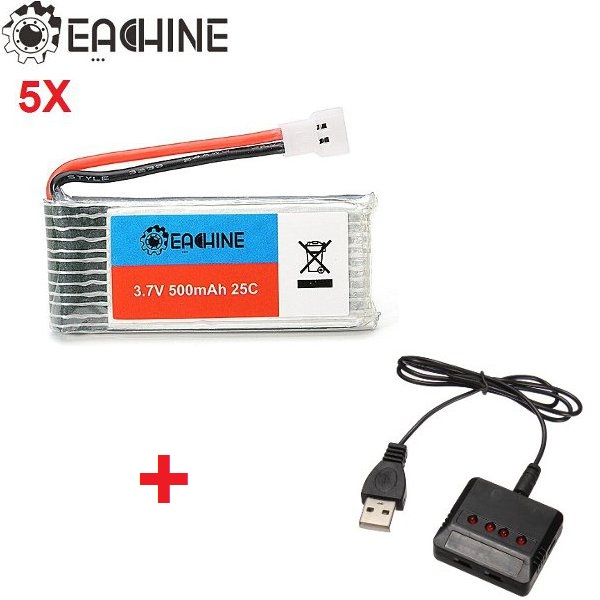 

5x Eachine 3.7v 500mah Lipo Battery with 4 In 1 X4 Battery Charger for H107L H107C H107D