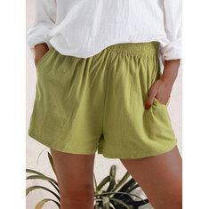 Women Casual Solid Color Elastic Waist Pocket Shorts 