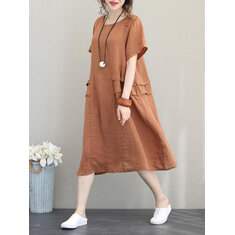 Retro Women Casual Cotton Solid Color Loose Short Sleeve Dress 