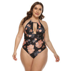Plus Size Floral Print Halter Drawstring Backless One Pieces Swimwear 