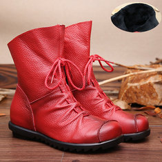 SOCOFY Leather Pure Color Lace Up Zipper Soft Boots