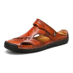 Men Genuine Leather Hollow Out Seaside Beach Sandals