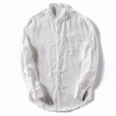 Mens Linen White Breathable Solid Color Long Sleeve Casual Shirts