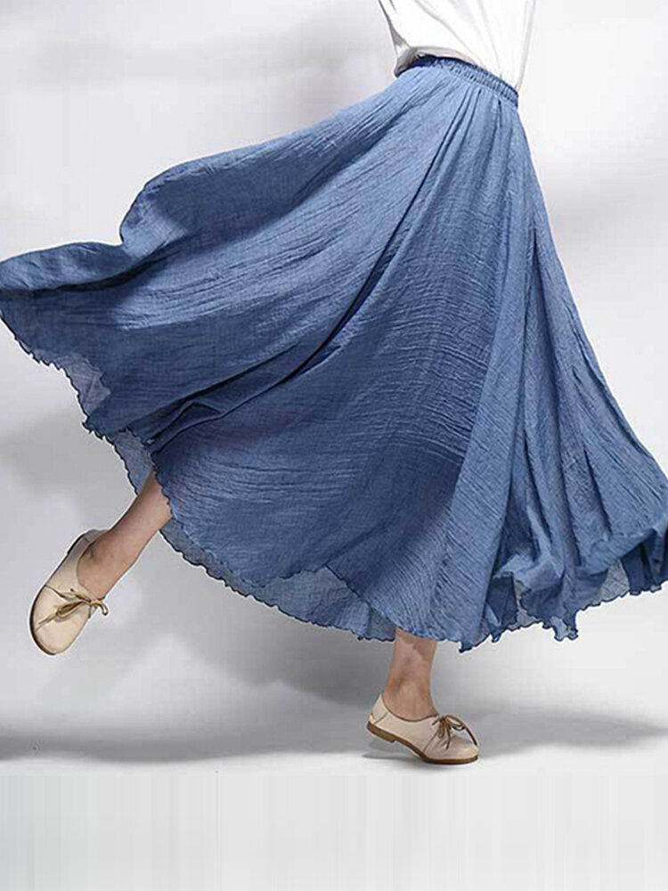 Women Cotton Elastic Waist Big Swing Hem Long Maxi Skirts