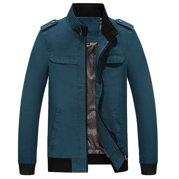 Mens Autumn Outdoor Casual Jacket Stand Collar Zipper Solid Color ...