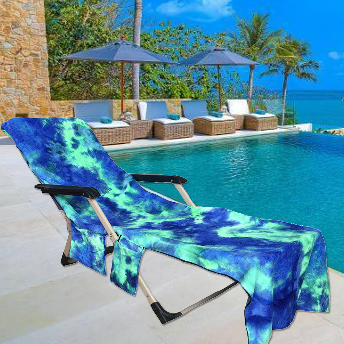 210 x 75cm beach chair towel lazy sunbath towel tie-dye multi-pocket ...