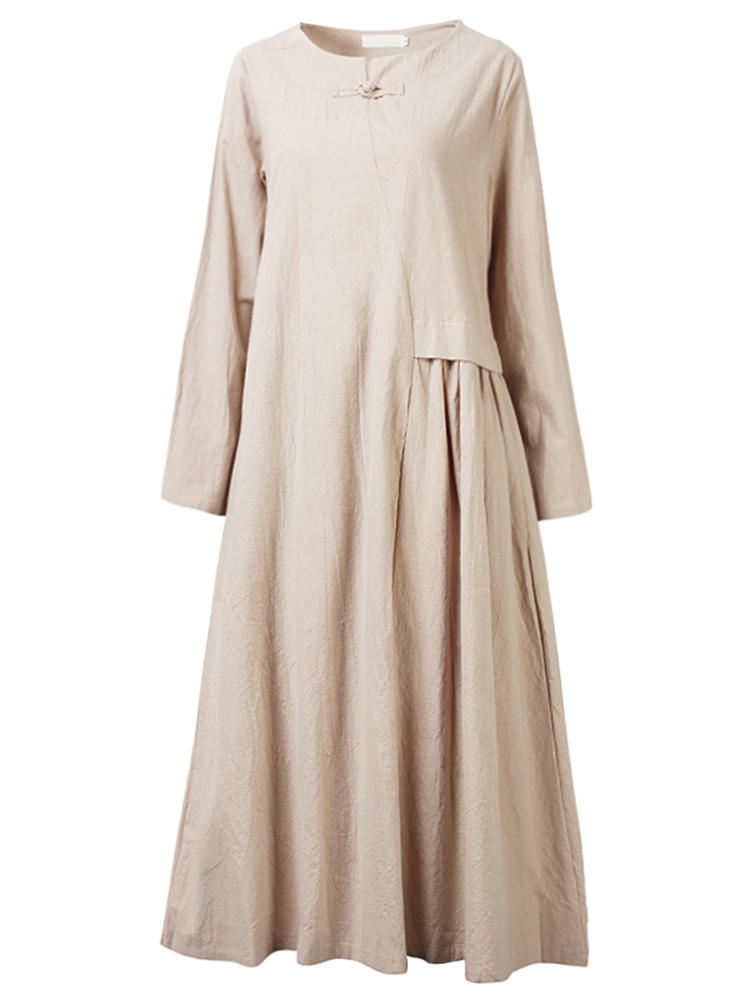 autumn elegent women pleated solid color long sleeve dress at Banggood
