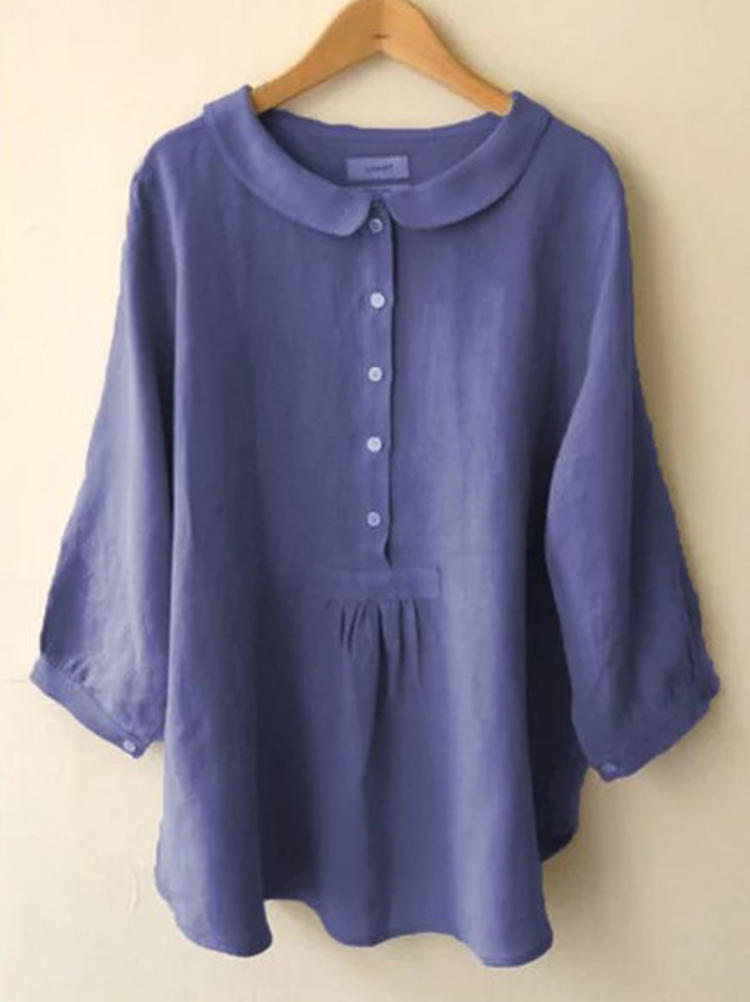 women pure color linen button down 3/4 sleeve blouse at Banggood