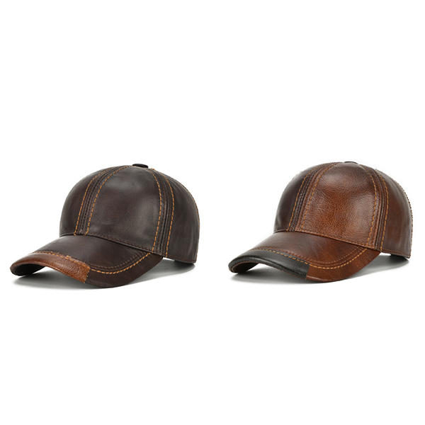 mens cowhide leather solid baseball cap casual sunshade sport ...