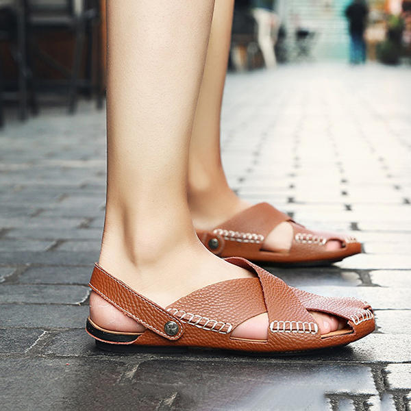 men soft genuine leather beach slippers sandals slip on shoe at Banggood