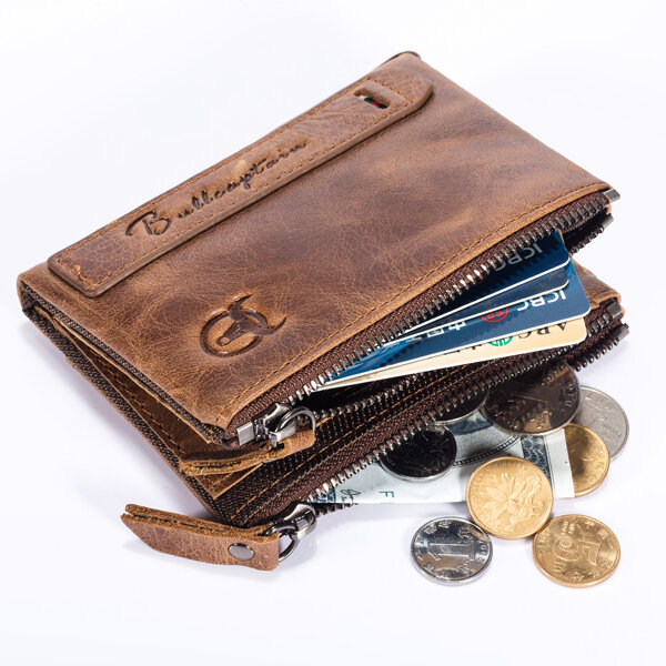 bullcaptain® men zipper minimal wallet genuine leather short wallet vintage coin bag at Banggood