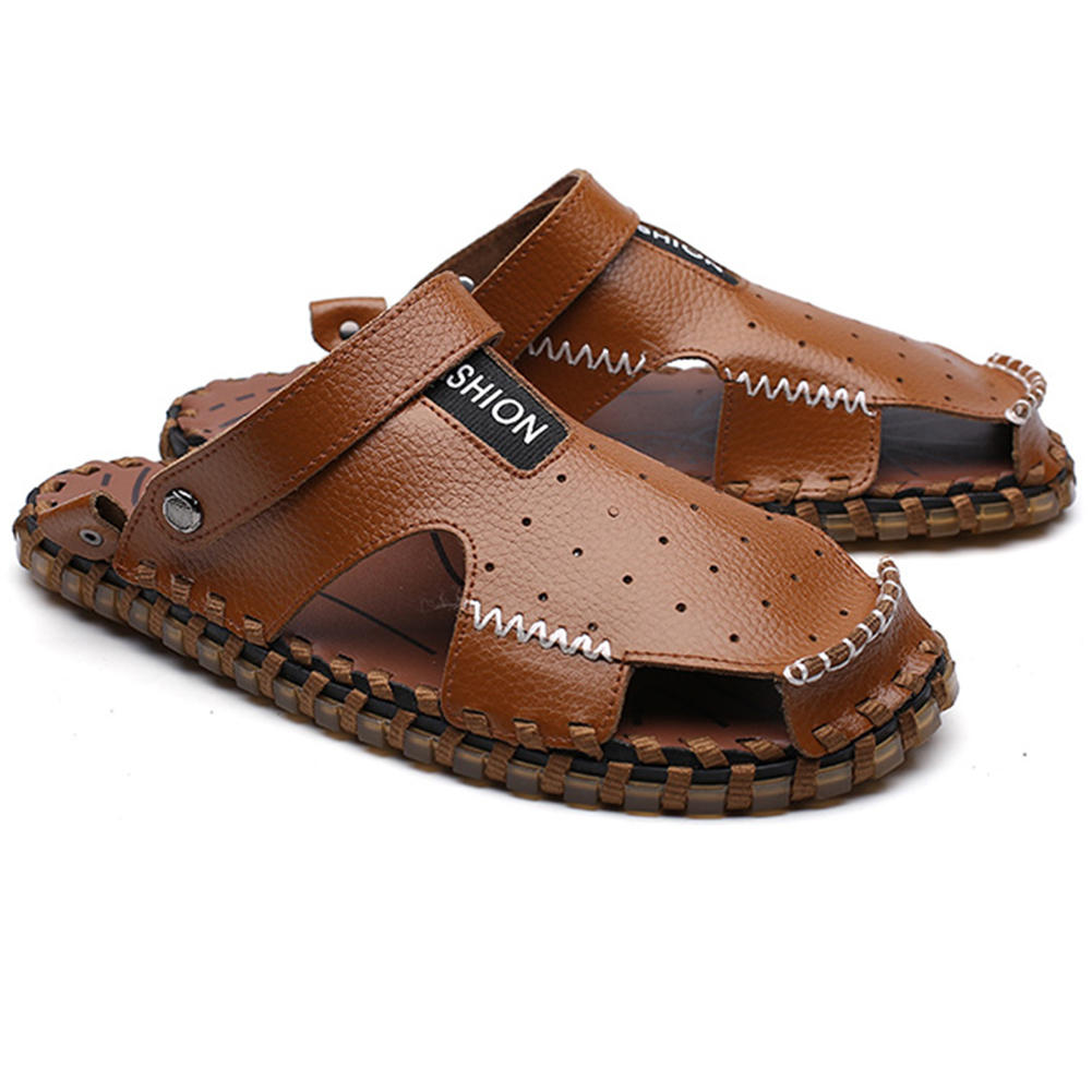 r493 men outdoor summer leather casual round toe flat soft beach ...