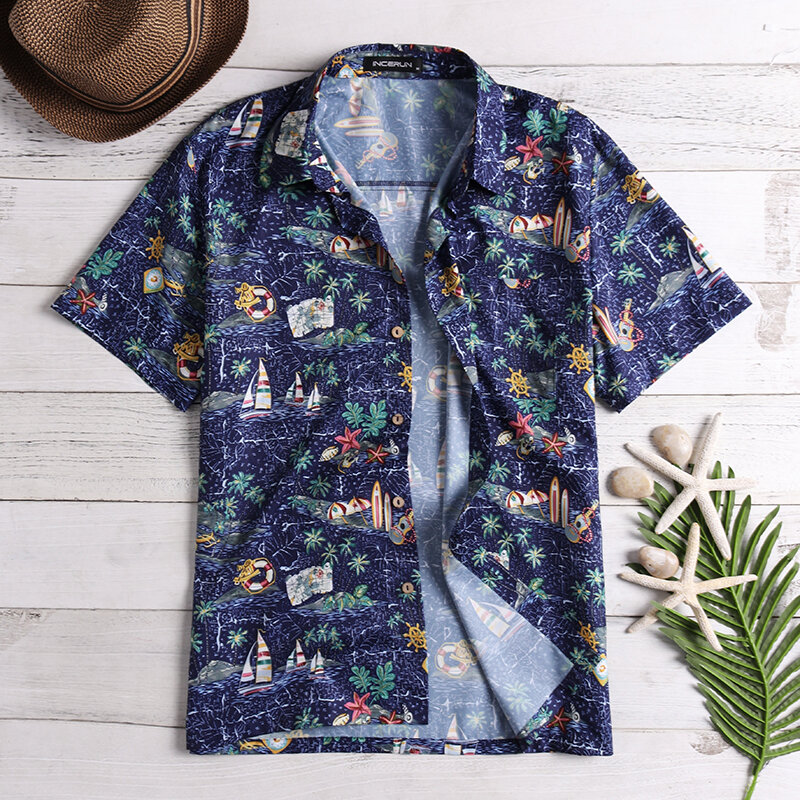 Mens Floral Printed Summer Vacation Beach Hawaiian Shirts