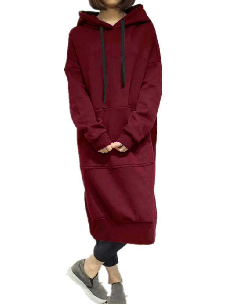 Sweatshirt Dress Casual Women Solid Color Long Sleeve Pocket Hoodie 7 Colors