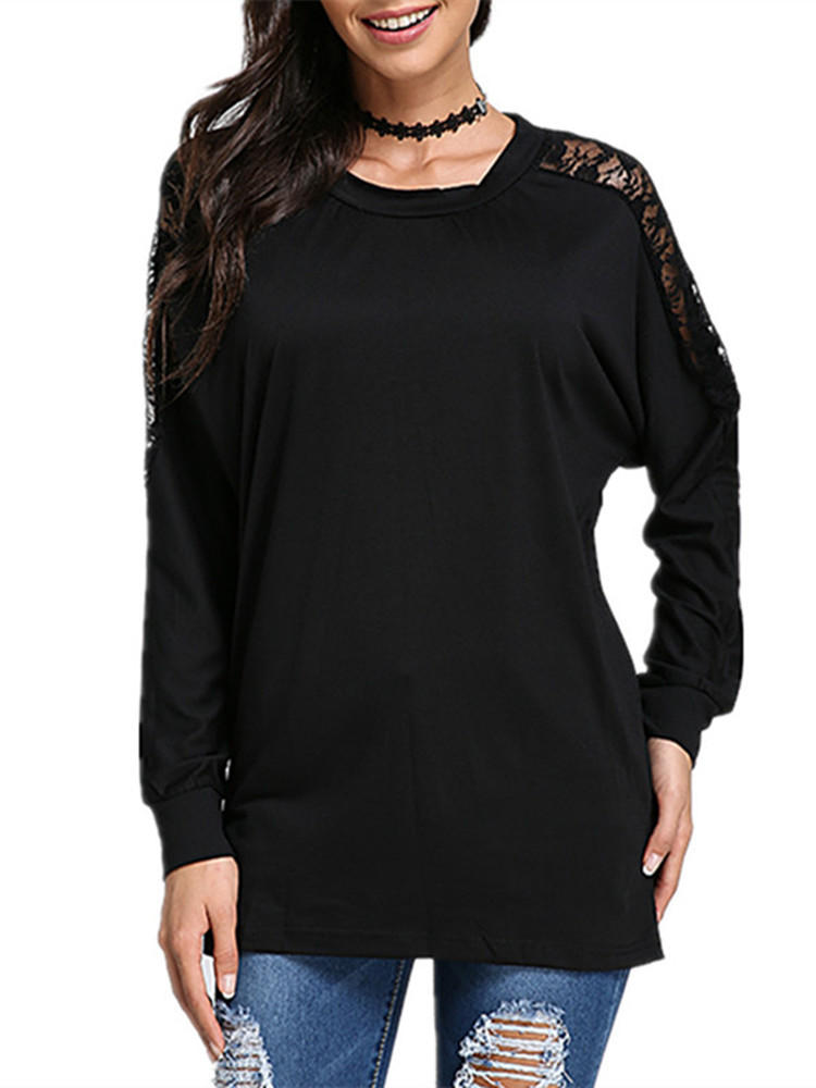 Women Bat Sleeve Long Sleeve Lace Loose T-shirt - US$17.54