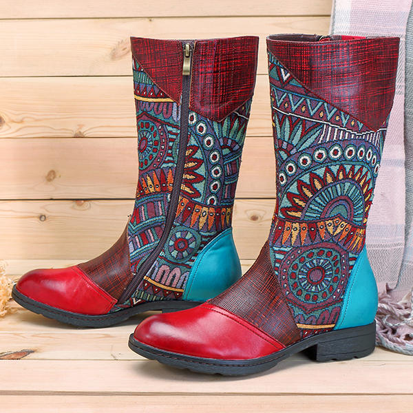 SOCOFY Women Retro Splicing Pattern Flat Mid-calf Leather Boots - US$130.02