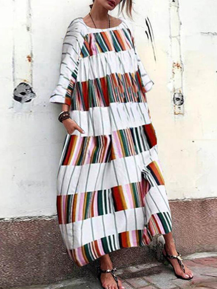 Risultati immagini per Casual-Women-Loose-Plaid-Patchwork-Long-Sleeve-Crew-Neck-Maxi-Dress-with-Pocket