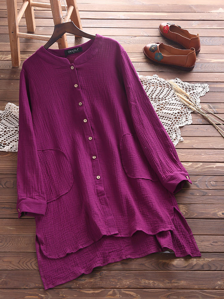 Solid Color Long Sleeve Dip Hem Shirts For Women - BEEBANA.COM: Online ...
